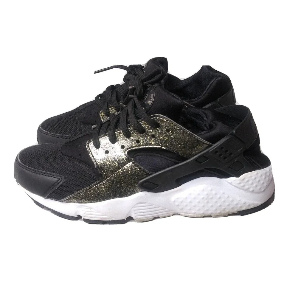 Nike Air Huarache Run SE Shoes Size 7 Y Sneakers Metallic Gold Black White